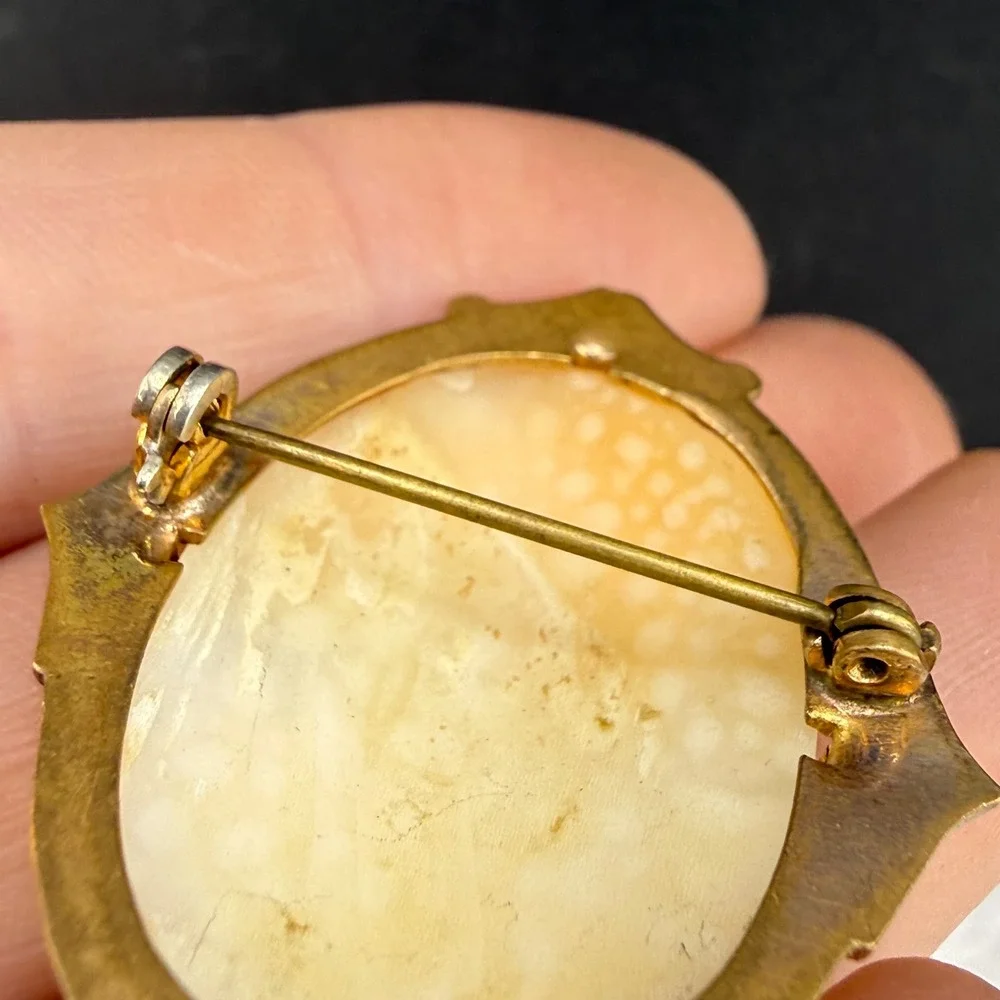 Vintage Cameo Brooch Gold Tone Carved Shell